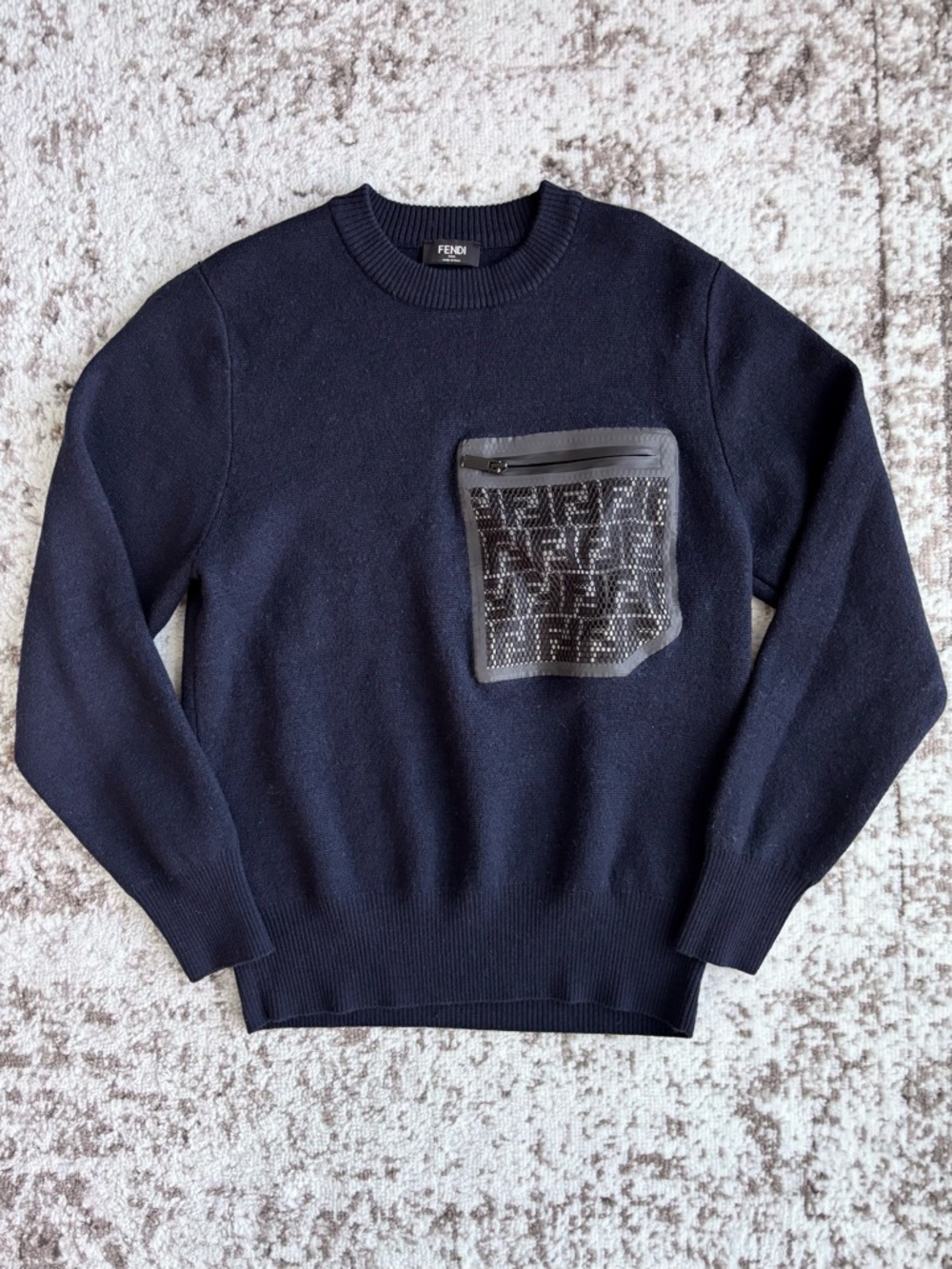 Fendi Men’s 100% Wool Navy Crewneck Sweater with Monogram Zip Pocket